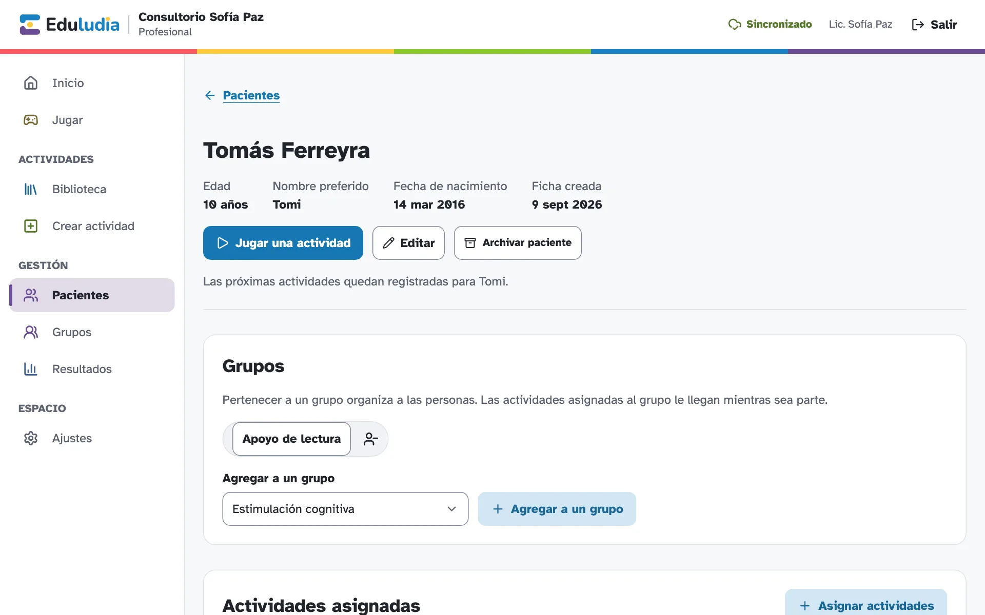 Ficha de un paciente con sus grupos y actividades asignadas